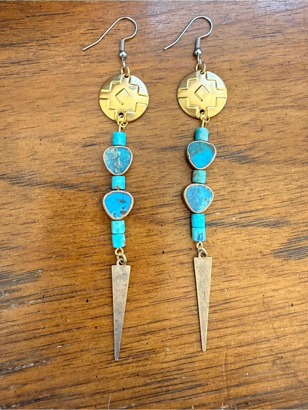 Handmade Gold Concho Earrings with Un-dyed ArizonaTurquoise